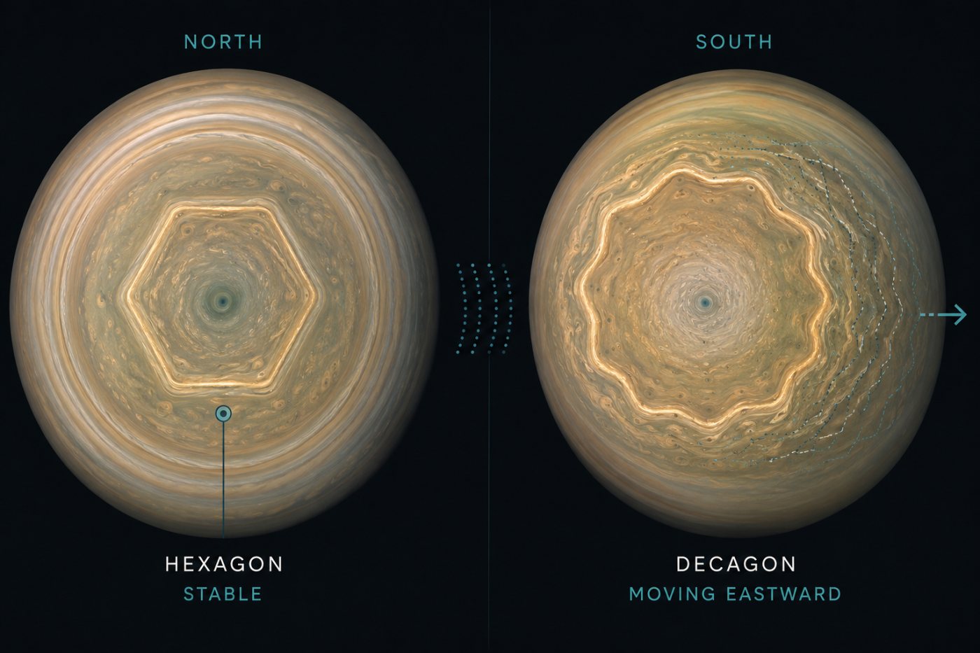 Saturn’s stationary northern hexagon compared with the moving, evolving southern decagon