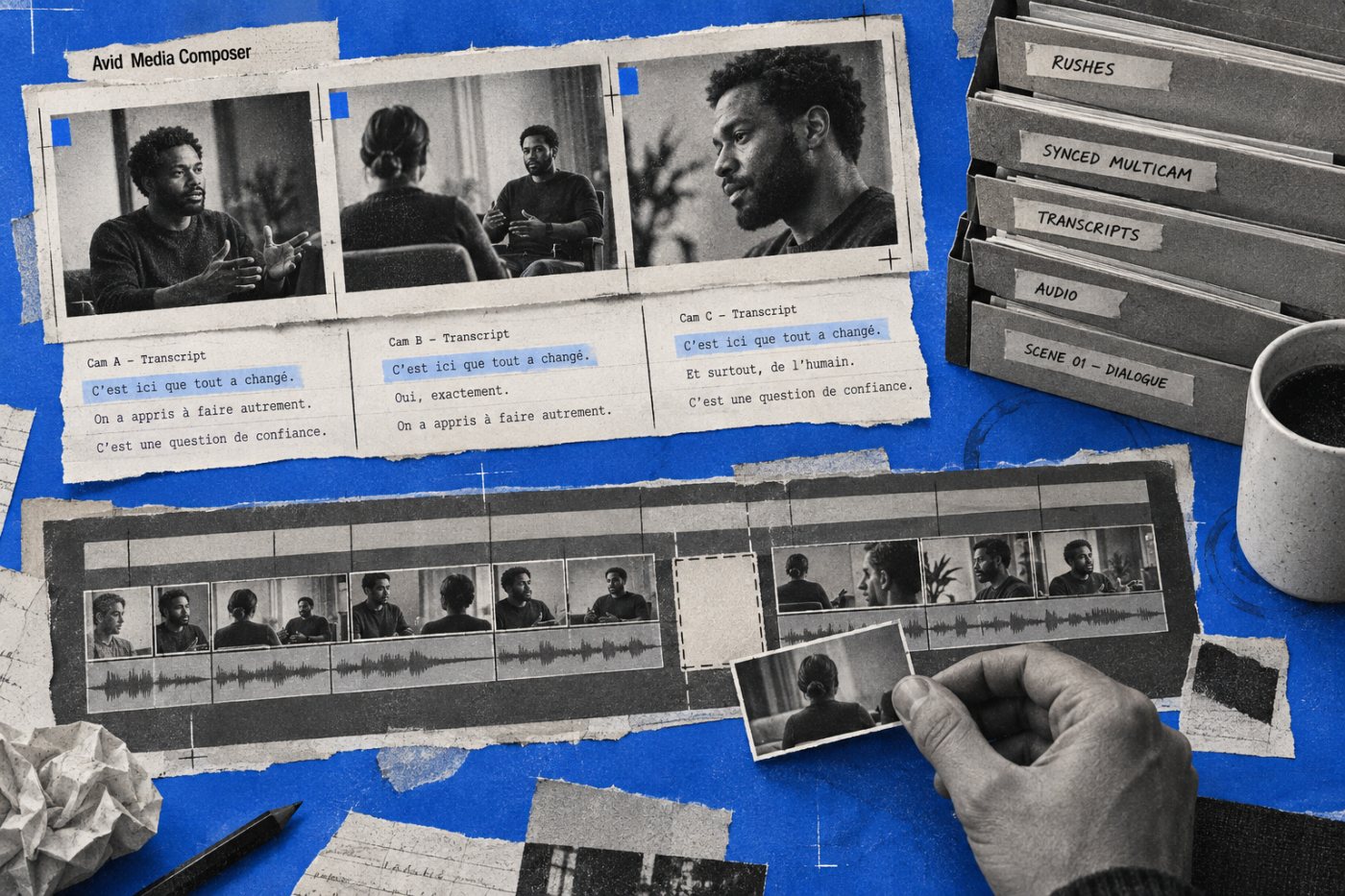 Ready to Edit synchronise les prises, aligne les dialogues transcrits et organise les chutiers avant les choix du monteur.