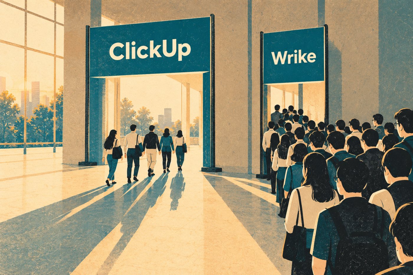 10명 팀과 50명 팀에서 ClickUp과 Wrike 유료 요금제의 적용 범위를 대비한 구성
