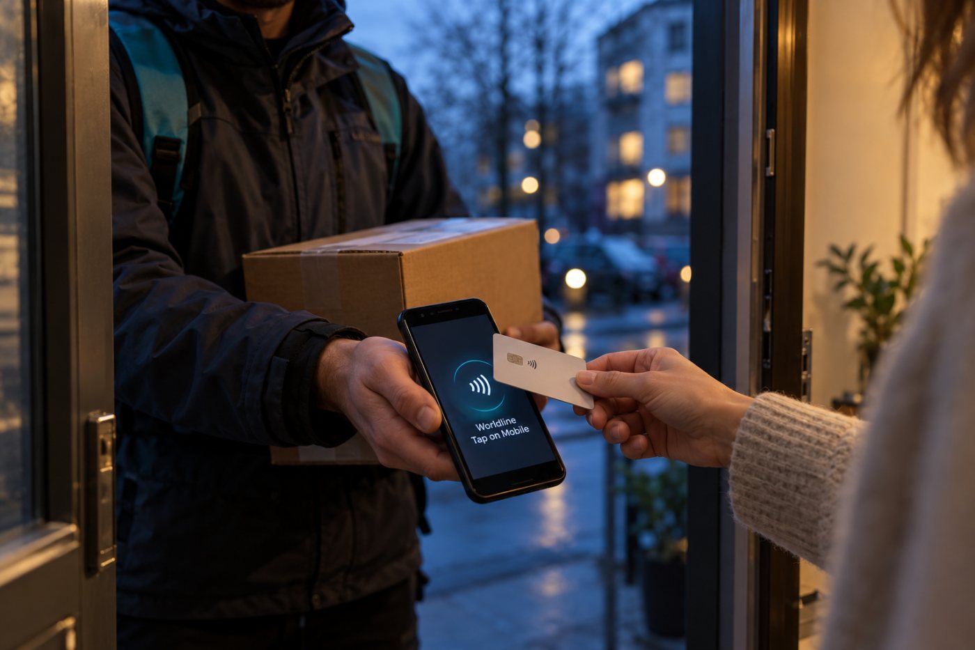 Urządzenie mobilne z Tap on Mobile pozwala przyjąć płatność zbliżeniową podczas pracy w terenie.