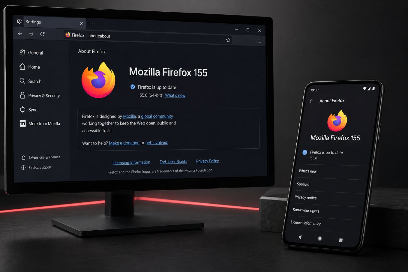 데스크톱과 Android에서 Firefox 보안 수정 버전을 각각 확인하는 과정