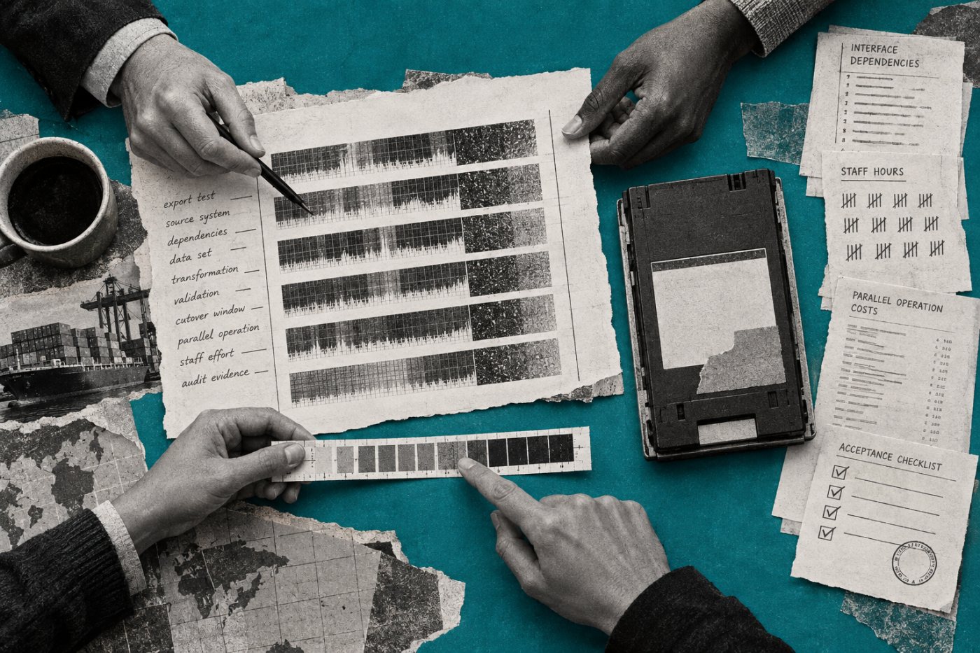 Ein Migrationsteam leitet Dauer, Personalbedarf und Kosten aus gemessenen Datenmengen und Übertragungswerten ab.