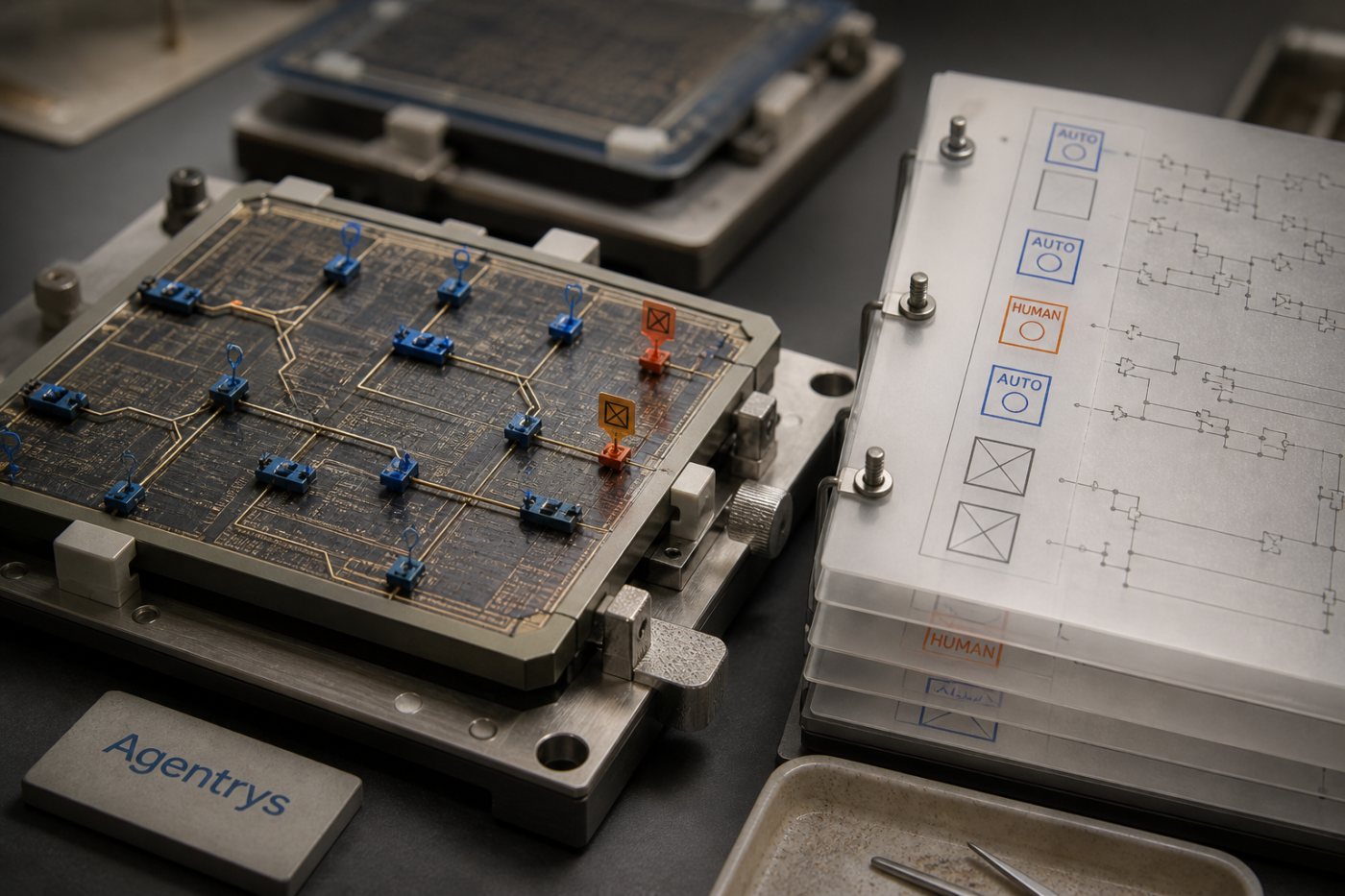 A semiconductor layout undergoes sign-off review measuring autonomous execution, human intervention and unresolved failures.