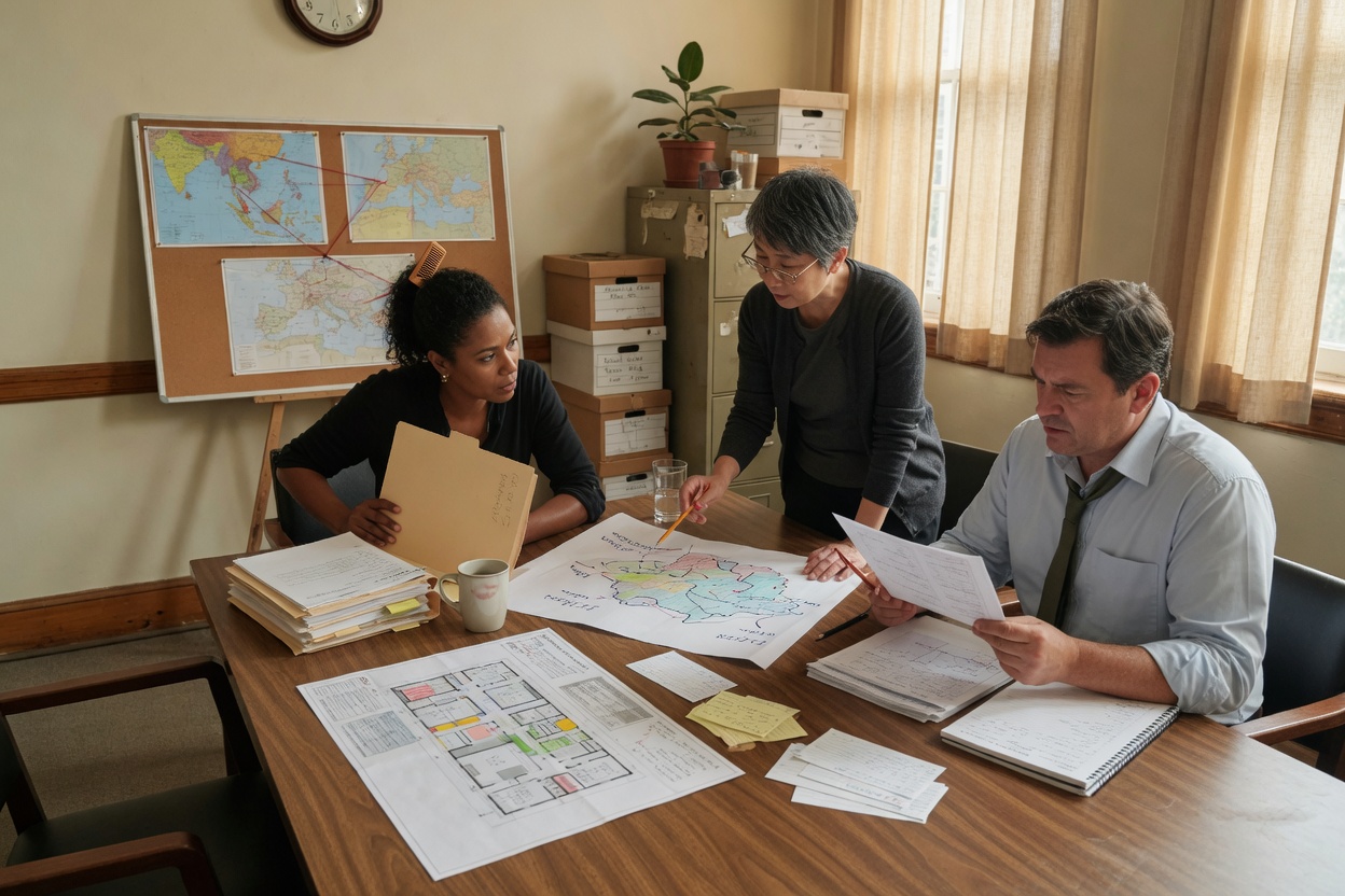 Professionals reviewing expansion documents in an office