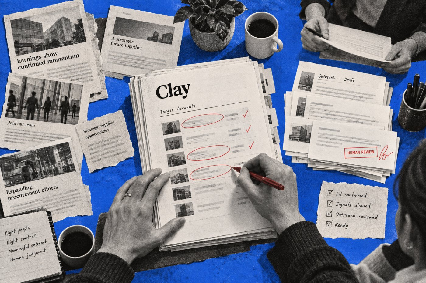 Clays Vertriebsprozess verbindet CRM-Daten und externe Signale zu geprüften Zielkunden und vorbereiteten Kontaktabläufen.