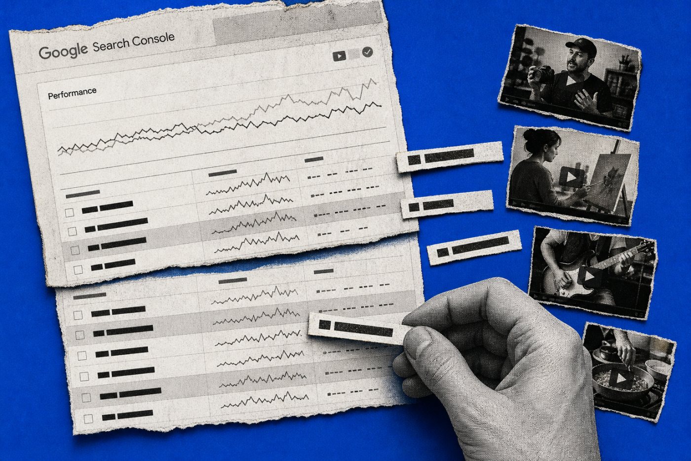 Analyse des requêtes Google qui génèrent des impressions et des clics vers les vidéos d’une chaîne YouTube.