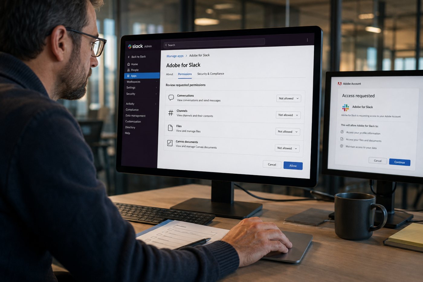 Slack yöneticisinin Adobe for Slack bağlam izinlerini ve Creative Cloud erişimini incelemesi