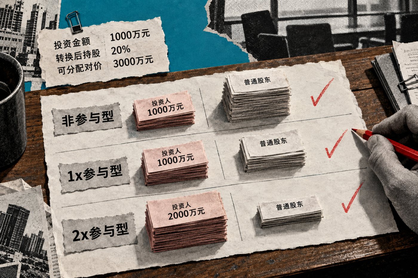 同一资本结构下，三种清算优先权分别令投资人取得1000万、1400万和2200万元