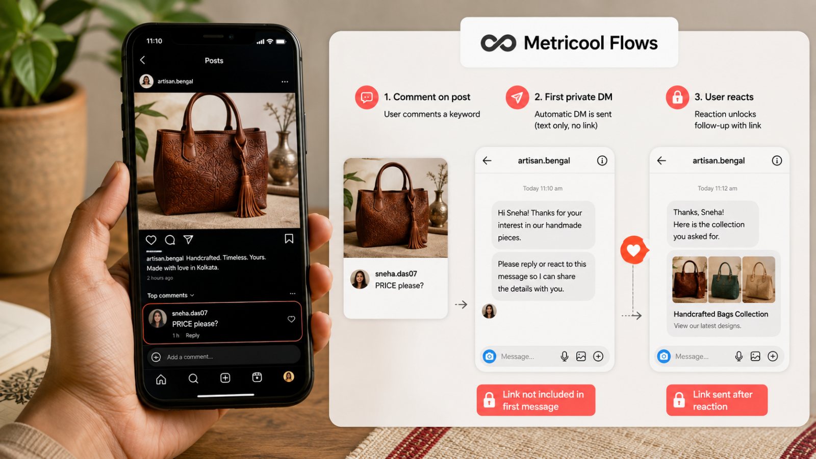 Metricool Flows-এ comment থেকেই DM—প্রথম বার্তায় link দেওয়া যাবে না