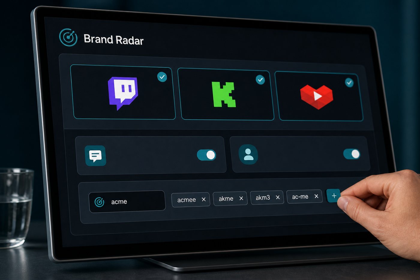 Brand Radar में एक ब्रांड शब्द के नाम-रूप जोड़कर Twitch, Kick और YouTube Gaming की चैट तथा चैनल विवरण चुने गए हैं।