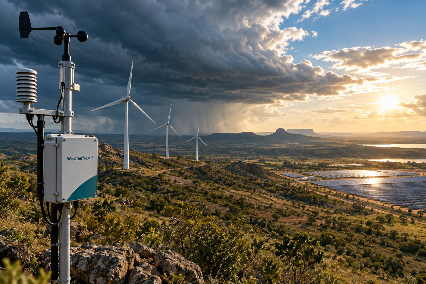 Previsões de vento, nuvens e radiação solar do WeatherNext 3 apoiam estimativas de geração eólica e solar.