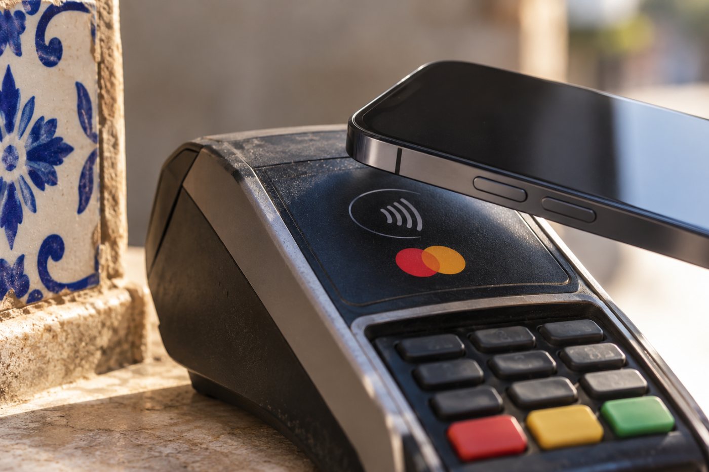 En mobil tæppes mot en betalingsterminal som tar Visa eller Mastercard; dagens kortbetaling med Vipps er adskilt fra ENPs planlagte butikkfase.