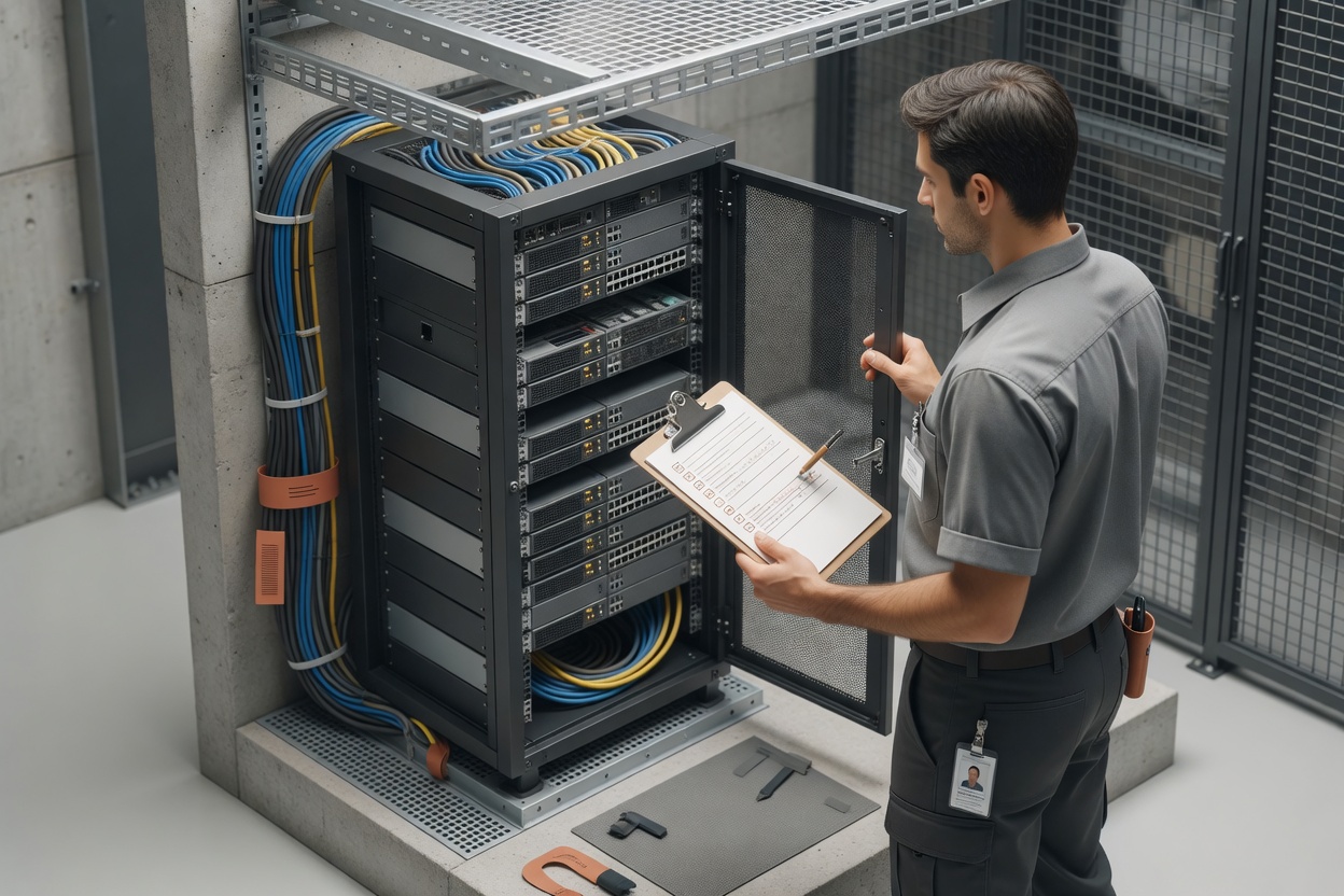 Administrator holding a clipboard while standing next to network hardware in a secure facility
