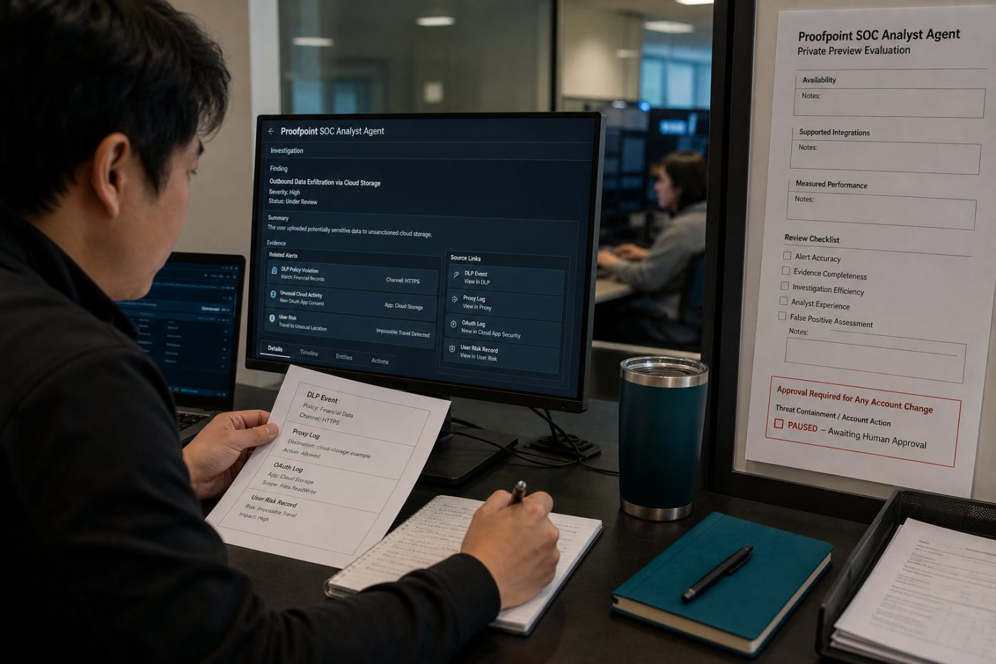 비공개 프리뷰에서 분석가가 Proofpoint SOC Analyst Agent의 근거 연결 결과와 지원 범위를 검토하는 과정