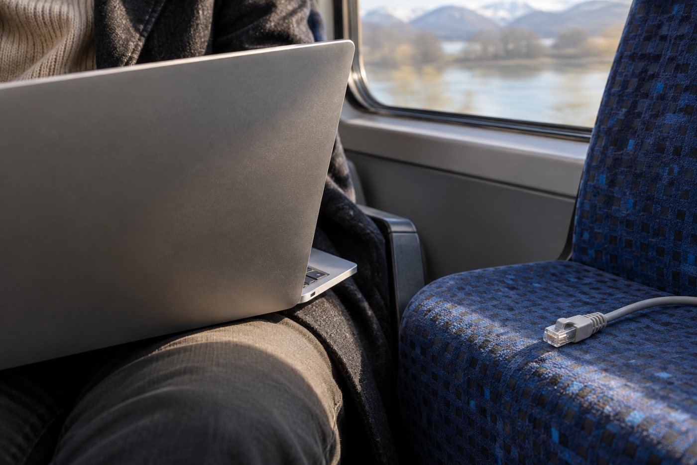 Un Mac utilisé sans connexion pendant un trajet, situation dans laquelle Foresight peut traiter des notes de réunion déjà présentes sur l’appareil.