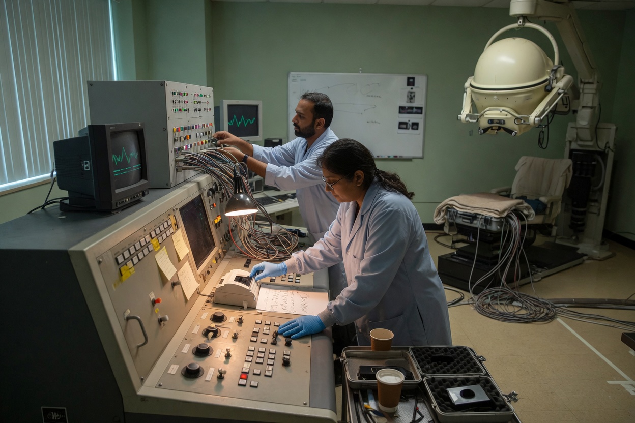 Researchers monitoring MEG scanner controls during a session.