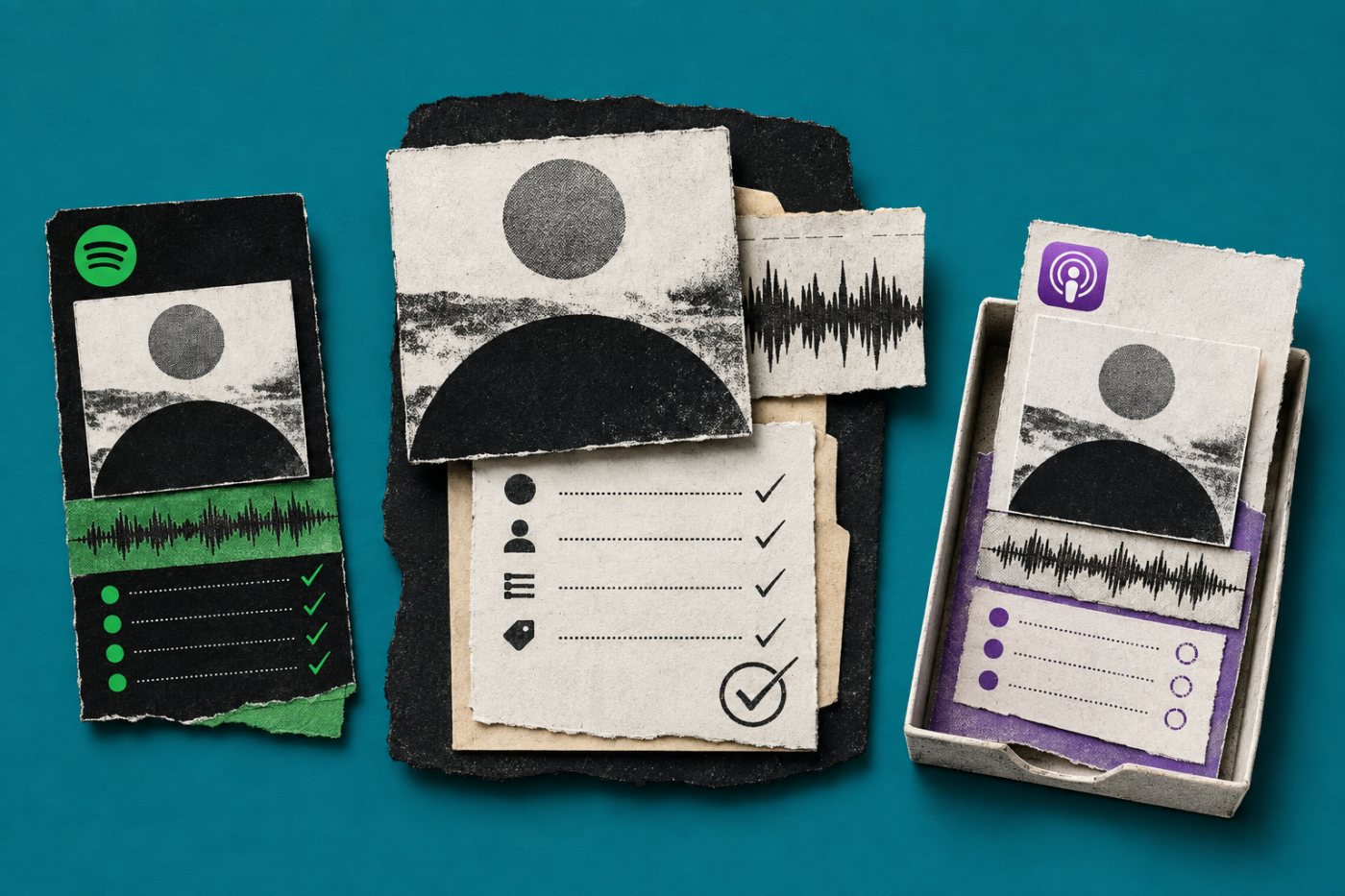 Un mismo episodio y sus metadatos se actualizan desde el alojamiento en las fichas separadas de Spotify y Apple Podcasts.