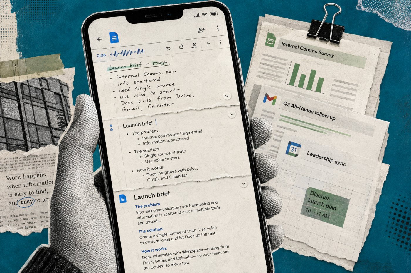 Docs Live transforma uma descrição falada em plano editável e rascunho estruturado.