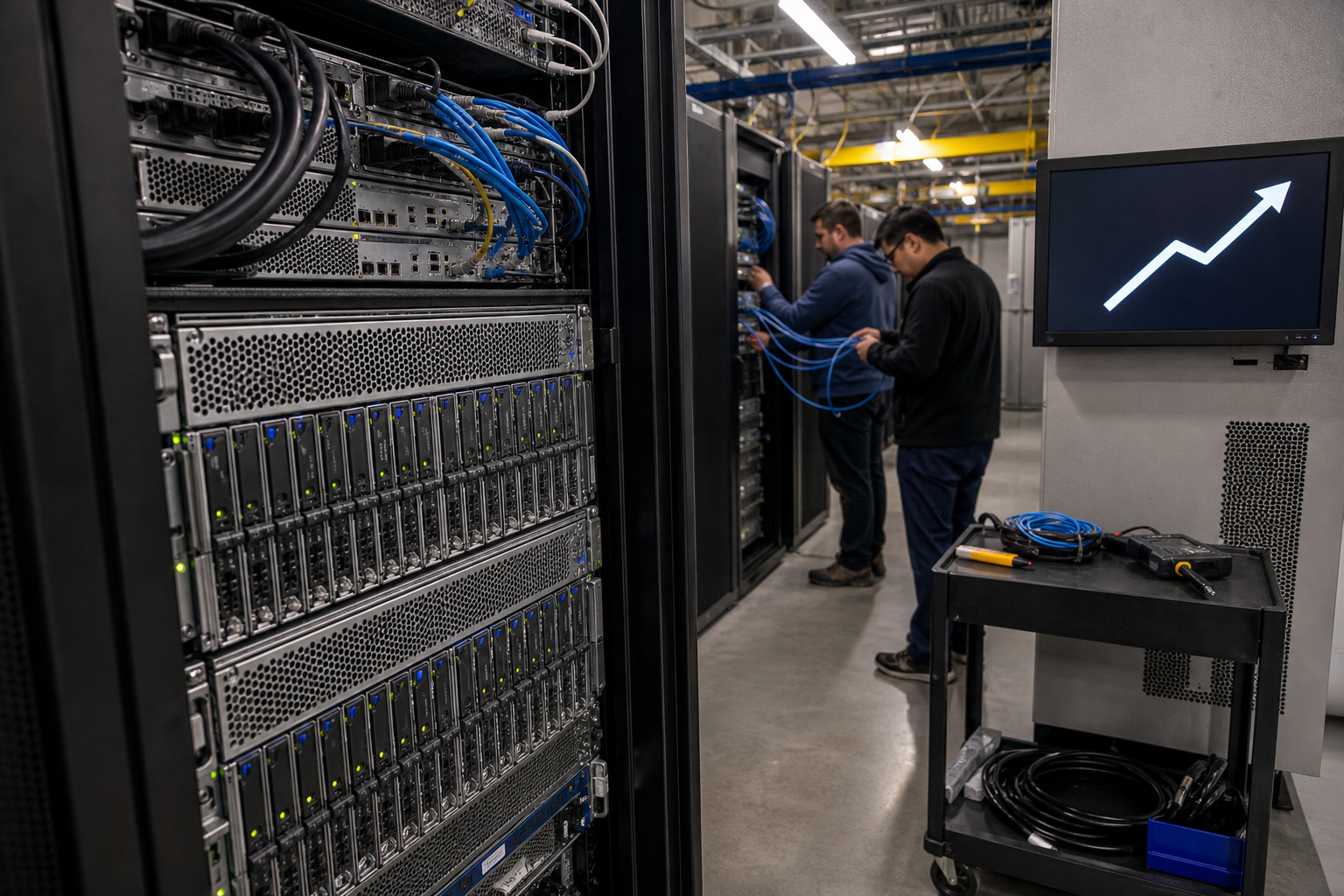 Rack-mounted AI server systems in a data center as SMCI shares react premarket