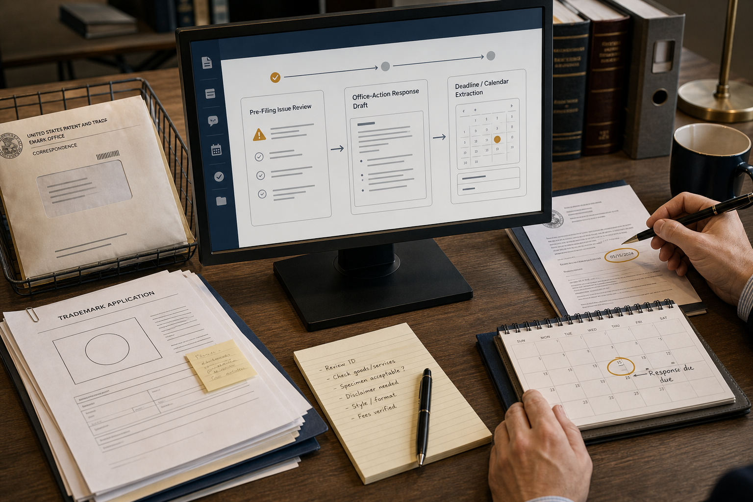 Trademark prosecution workflow with risk review, Office Action response draft and verified deadlines