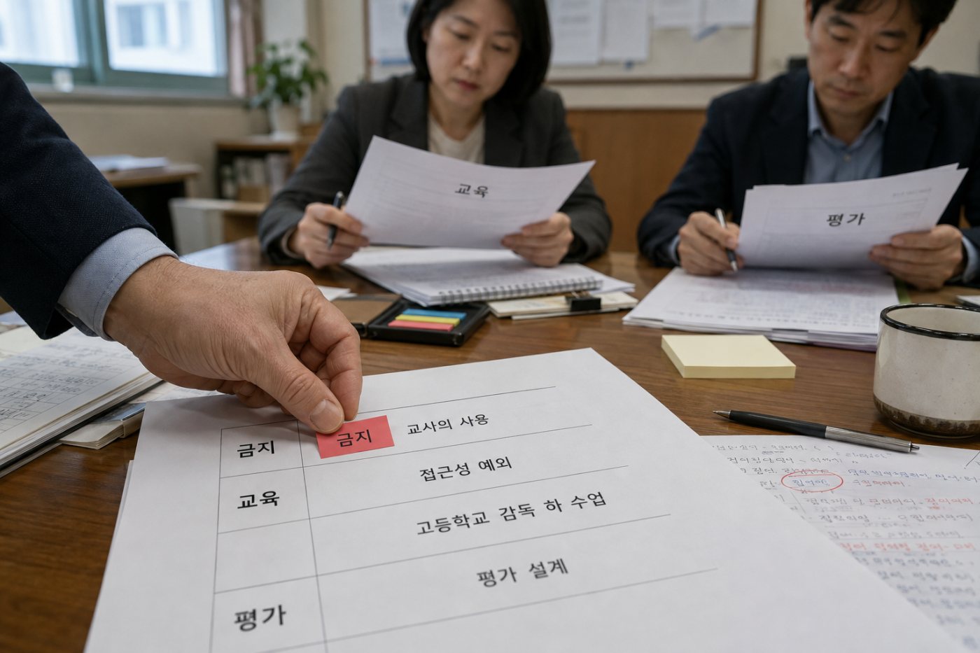 한국 교육 담당자들이 학생 제한·교사 활용·보조공학 예외와 평가 기준을 함께 검토하는 정책 설계 과정