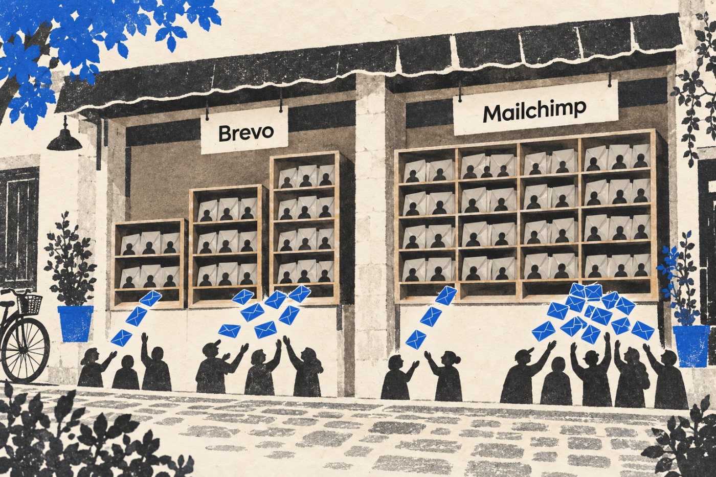 Patru scenarii ipotetice compară contactele stocate cu trimiterile lunare pentru Brevo și Mailchimp.