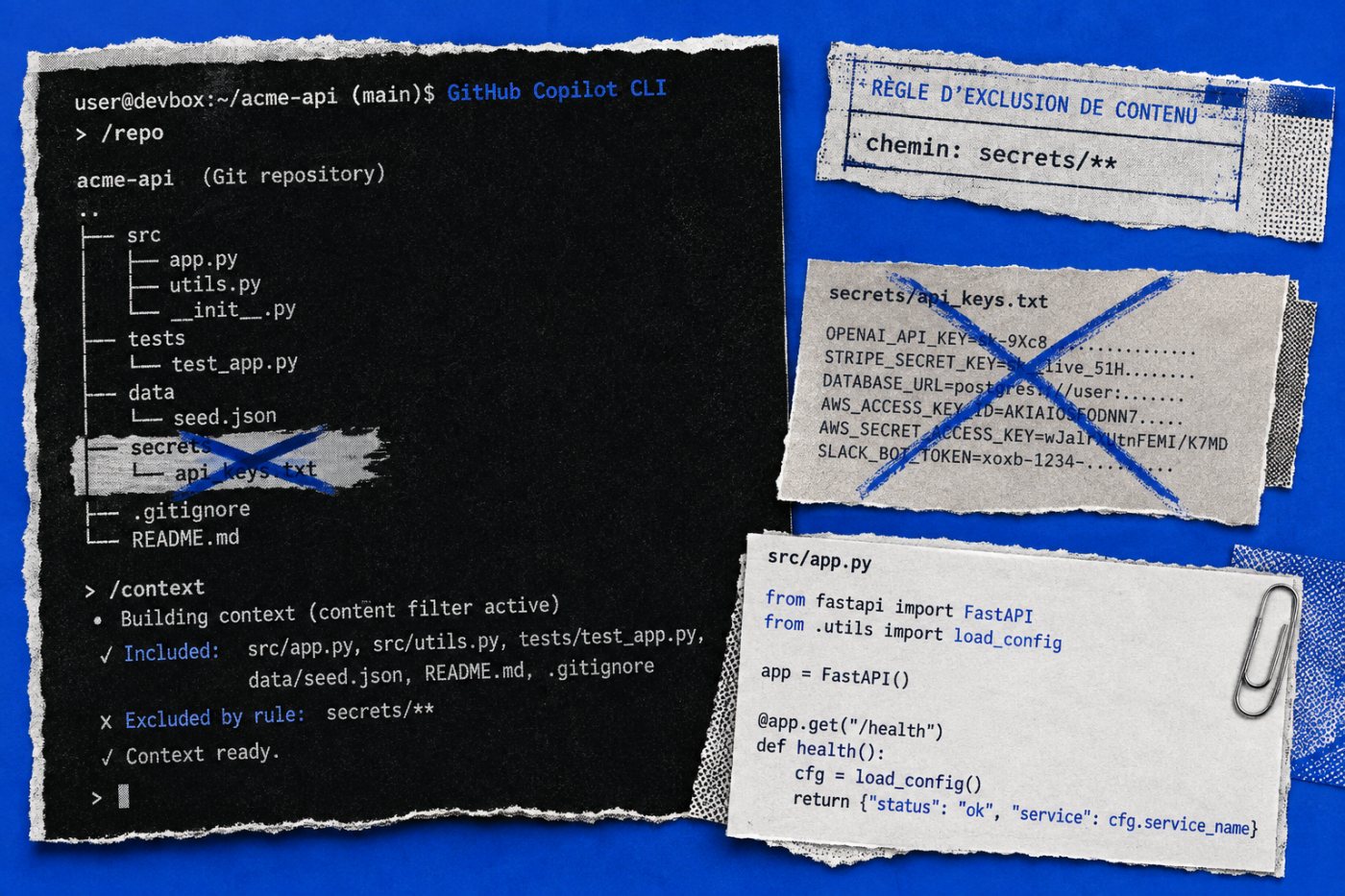 Une règle administrative empêche GitHub Copilot CLI d’utiliser un fichier synthétique exclu tout en laissant accessibles les fichiers autorisés.