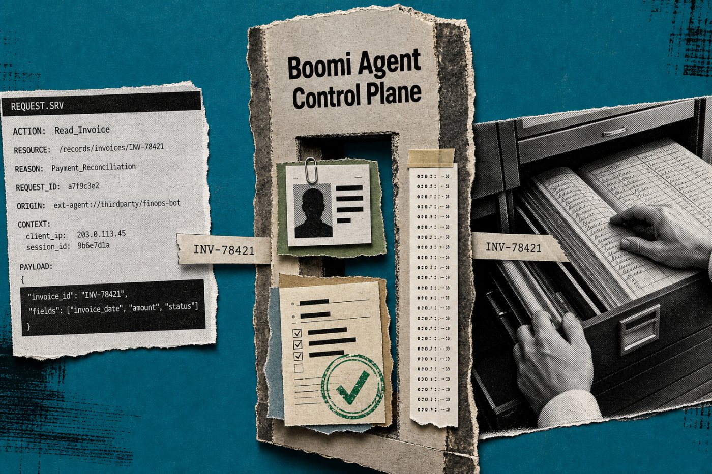 Boomi Agent Control Plane이 외부 AI 에이전트의 신원과 권한을 확인한 뒤 업무 시스템 접근을 허용하는 과정