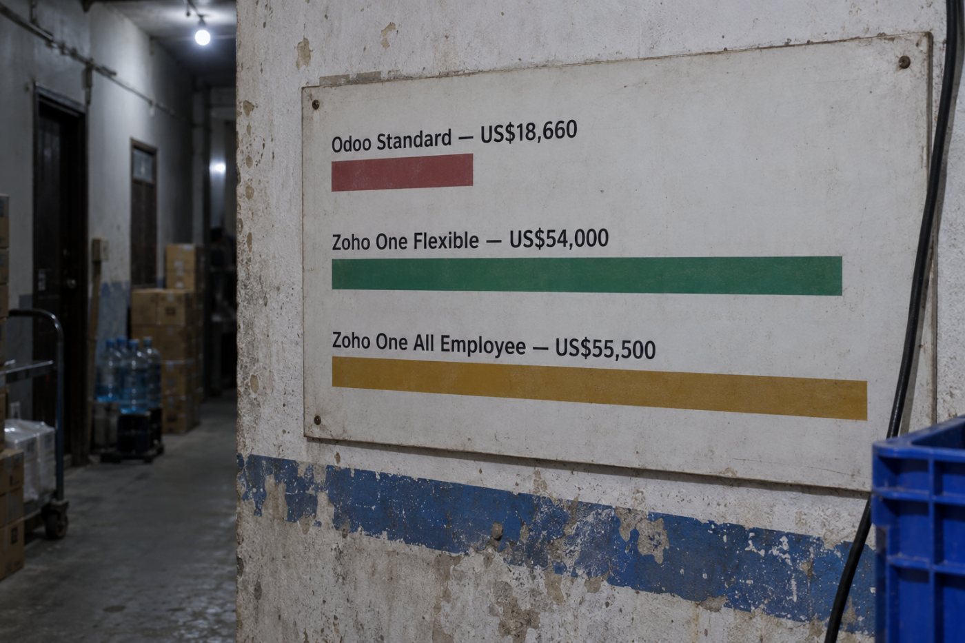 پچیس ملازمین اور دس صارفین کی فرضی مثال میں Odoo Standard، Zoho One لچکدار اور تمام ملازمین والے لائسنس کی پانچ سالہ لاگت کا موازنہ۔