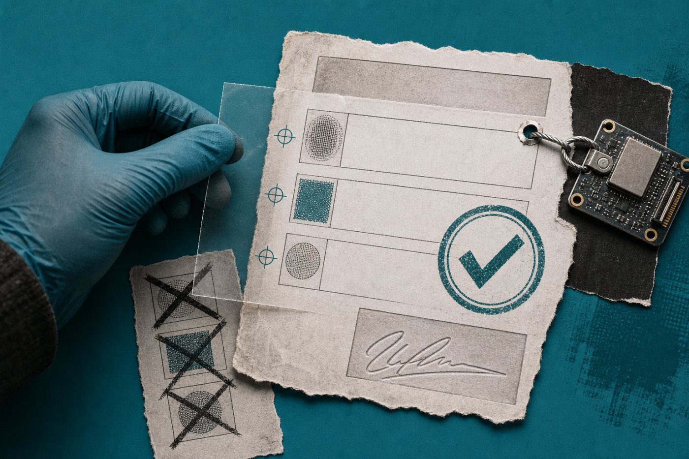 Verificador externo confere assinatura, medições, política e recibo de transparência de um registro TRACE.