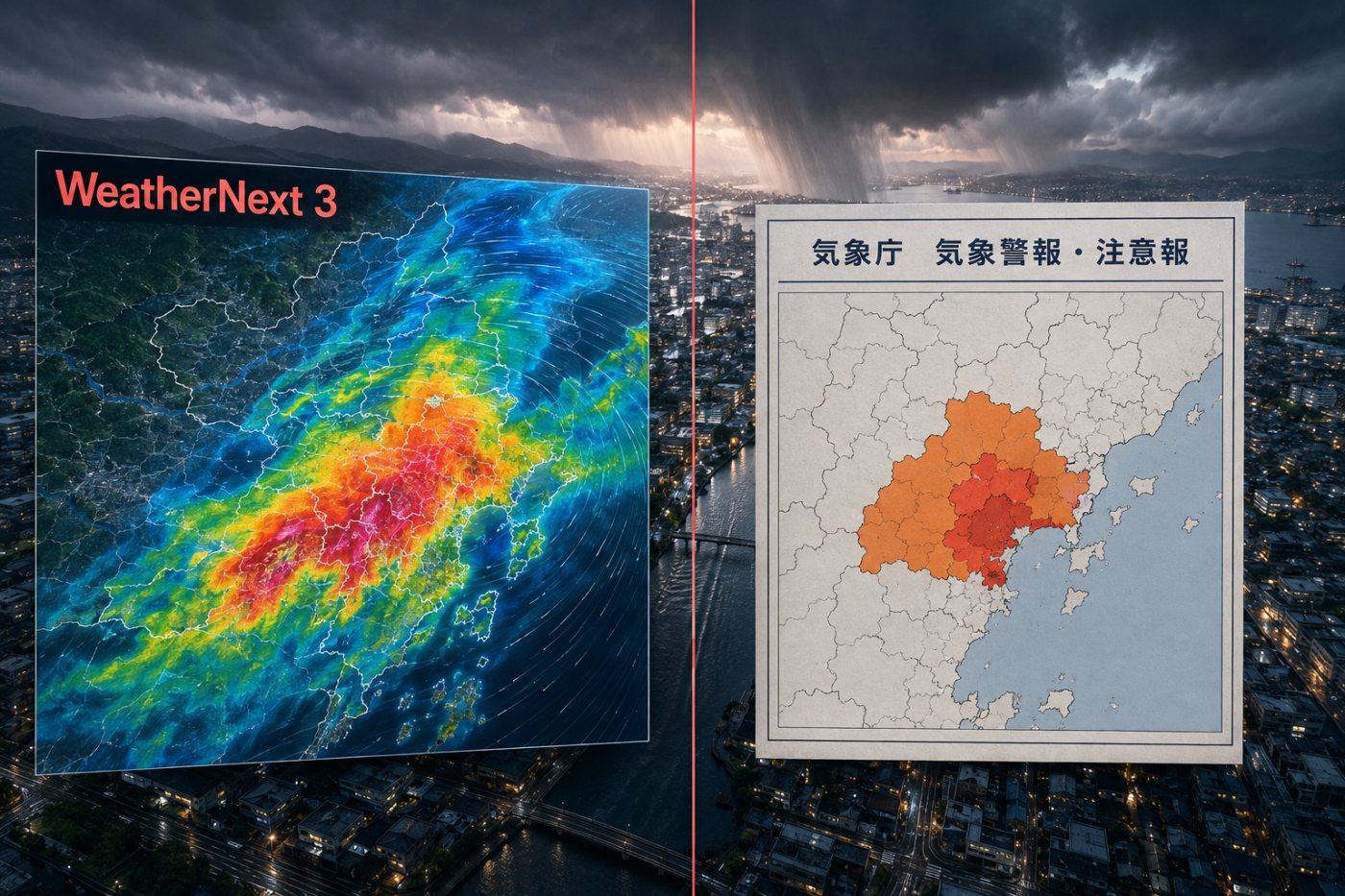 日本の大雨時にWeatherNext 3の高解像度予測と気象庁の公式警報を別の情報として確認する状況