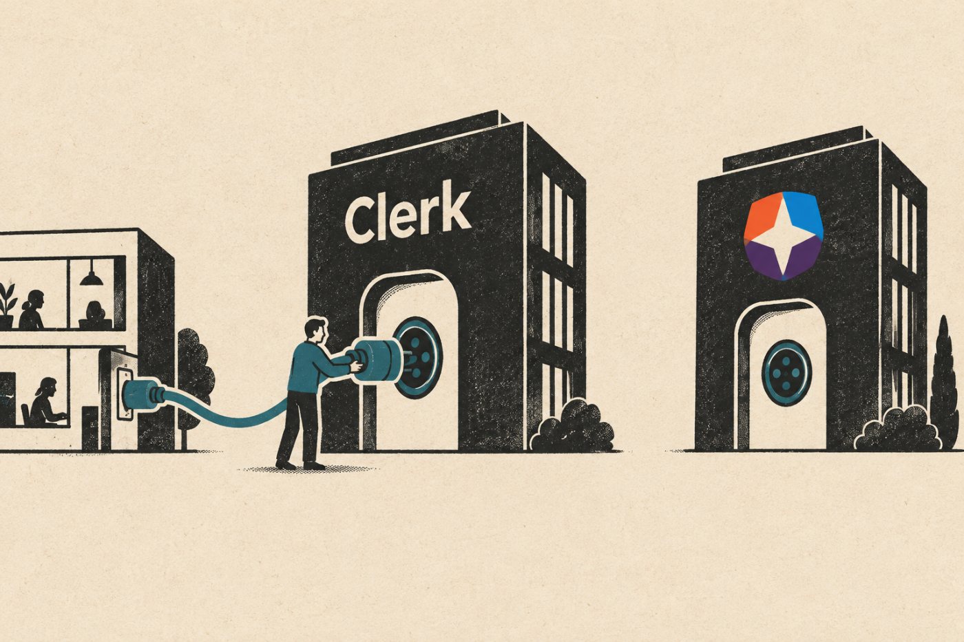 Clerkin Organization-rakenne ja Auth0:n Enterprise Connection kytkevät yritysasiakkaan SSO-kirjautumisen eri ehtoihin.