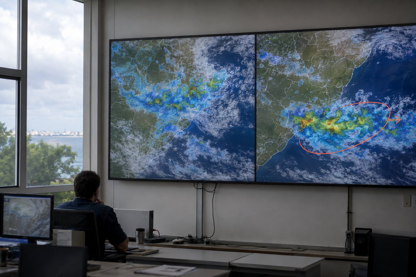 Previsão posterior do WeatherNext 3 reposiciona a área de chuva após receber uma observação mais recente.