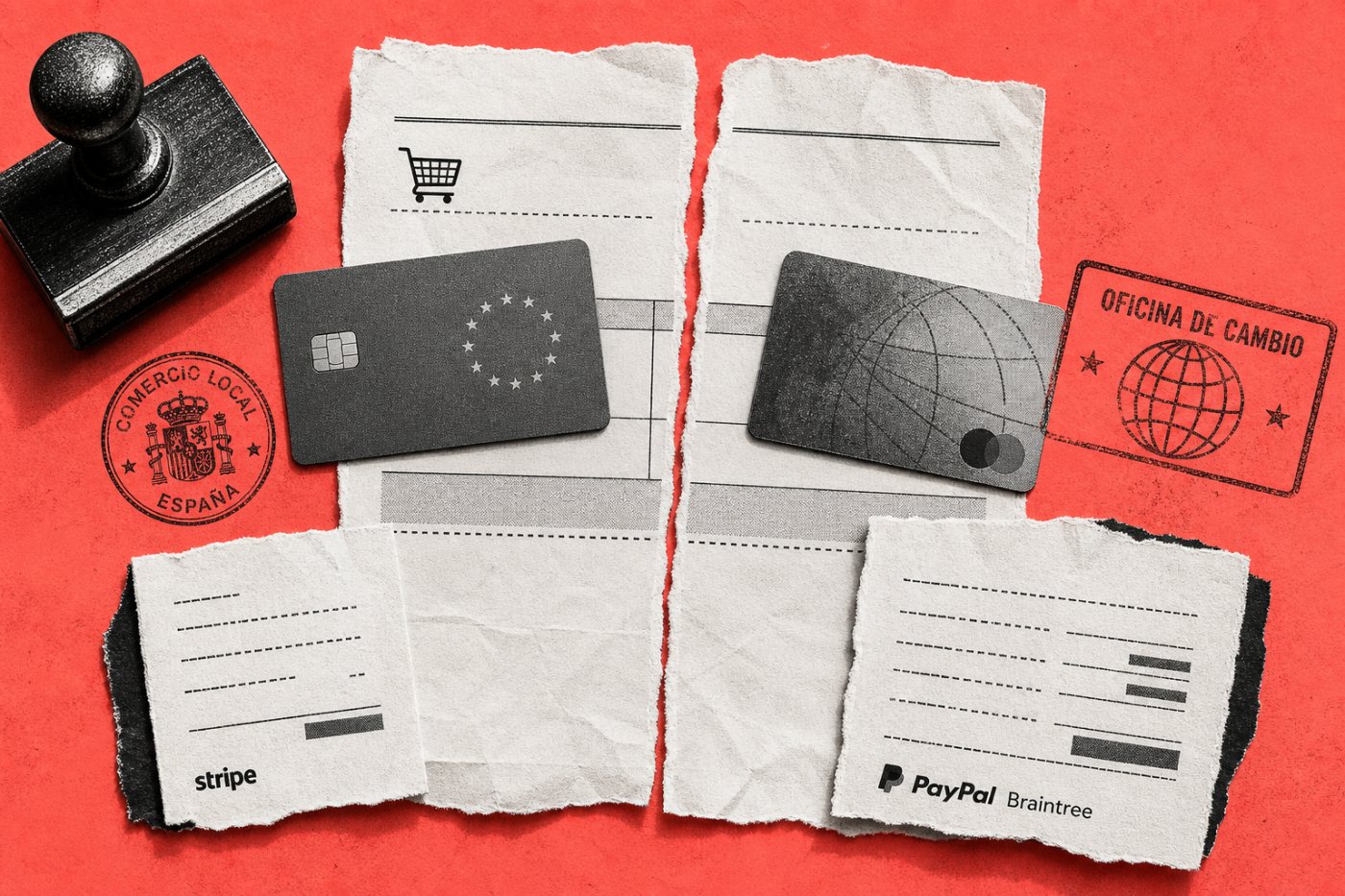 Comparación de las comisiones de Stripe y PayPal Braintree para una venta de 100 euros nacional, extracomunitaria y con conversión.