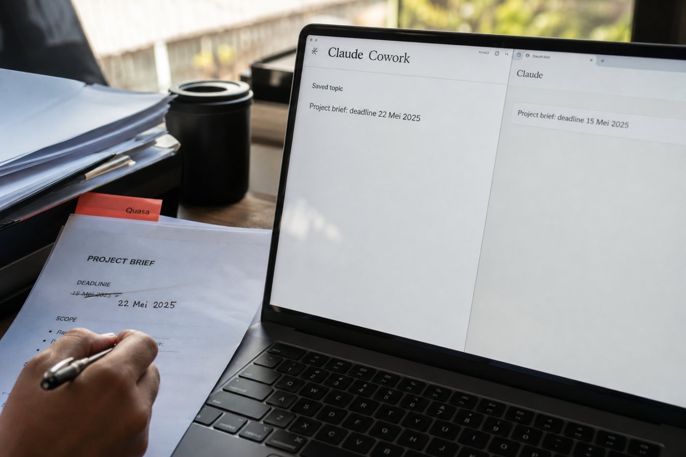 Topik tenggat proyek dari Claude chat tersedia sebagai konteks saat tugas Claude Cowork dimulai.