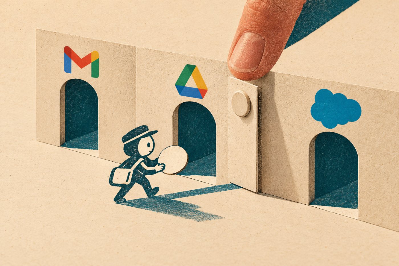 Townie поврзува Gmail, Google Drive и Salesforce, додека пристапот и дејствата остануваат ограничени со дозволи.