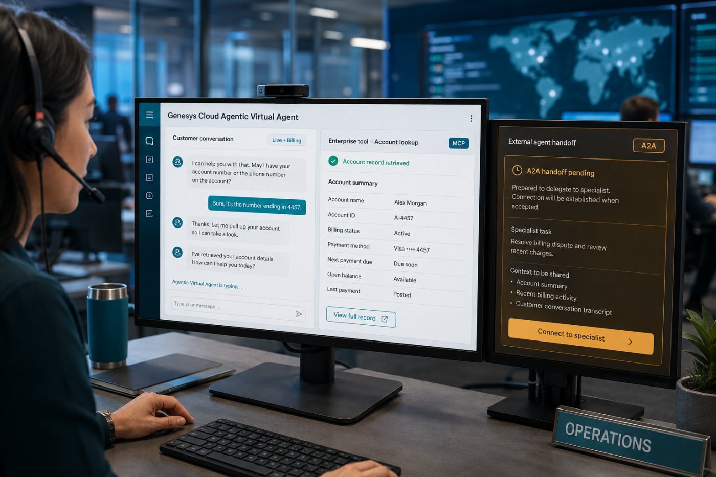 Agentic Virtual Agent dùng MCP để truy cập hồ sơ nghiệp vụ và A2A để giao nhiệm vụ cho agent chuyên biệt.