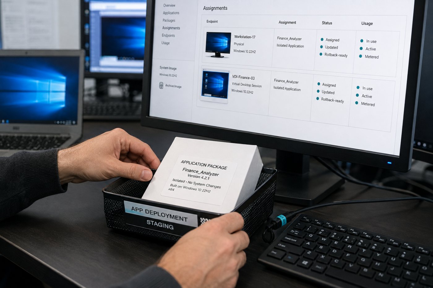 Cloudpaging يغلّف تطبيق Windows بينما يدير Cloudpager توزيعه وتحديثه عبر الأجهزة الافتراضية والمادية.