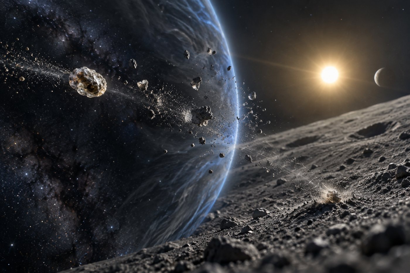 Hipótese mostra um grão refratário atravessando o meio interestelar, passando pela heliosfera e alcançando a superfície lunar.