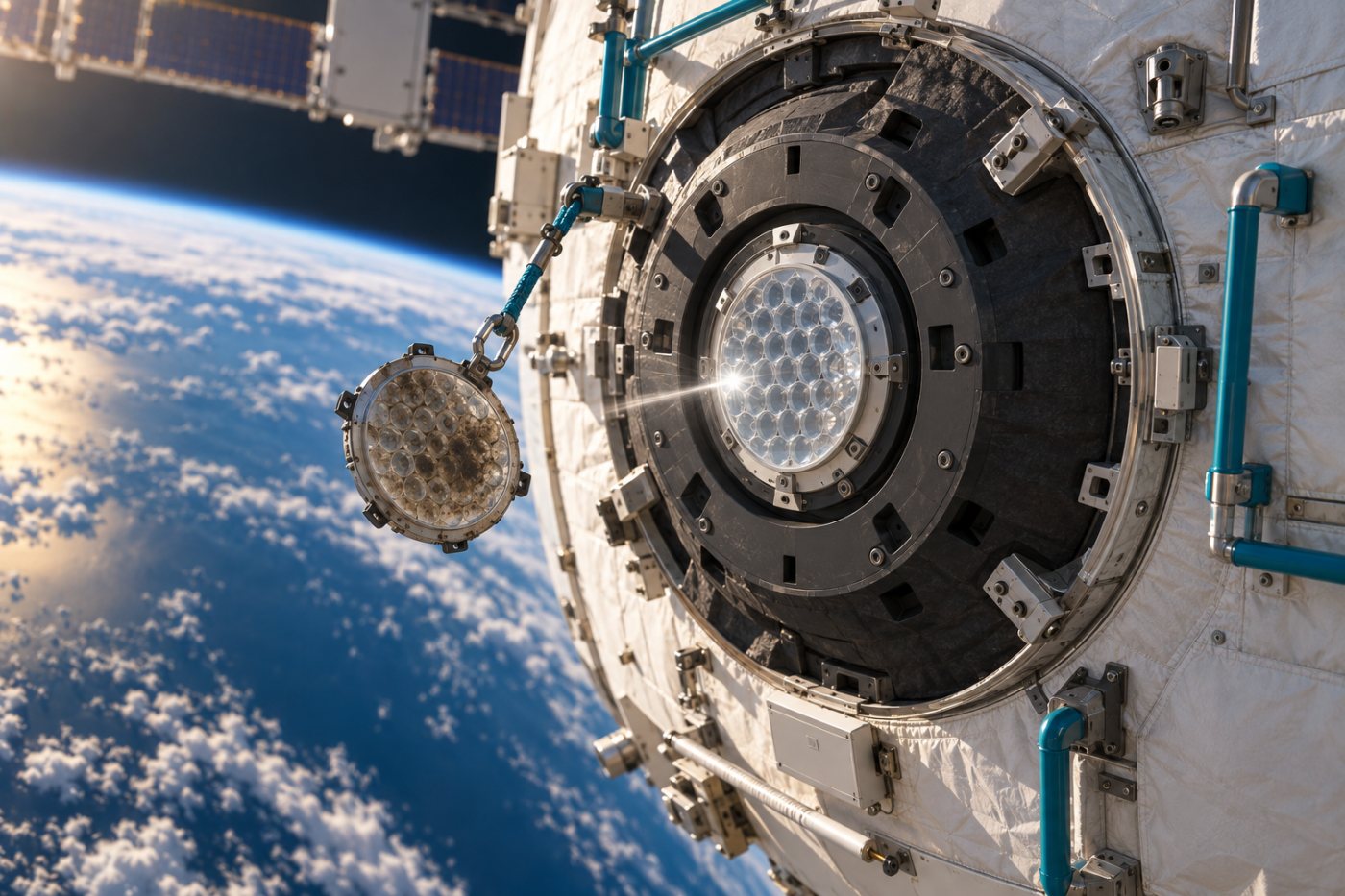 Ein sauberer Retroreflektor ersetzt am Harmony-Modul die durch Triebwerksrückstände belastete Navigationshilfe.
