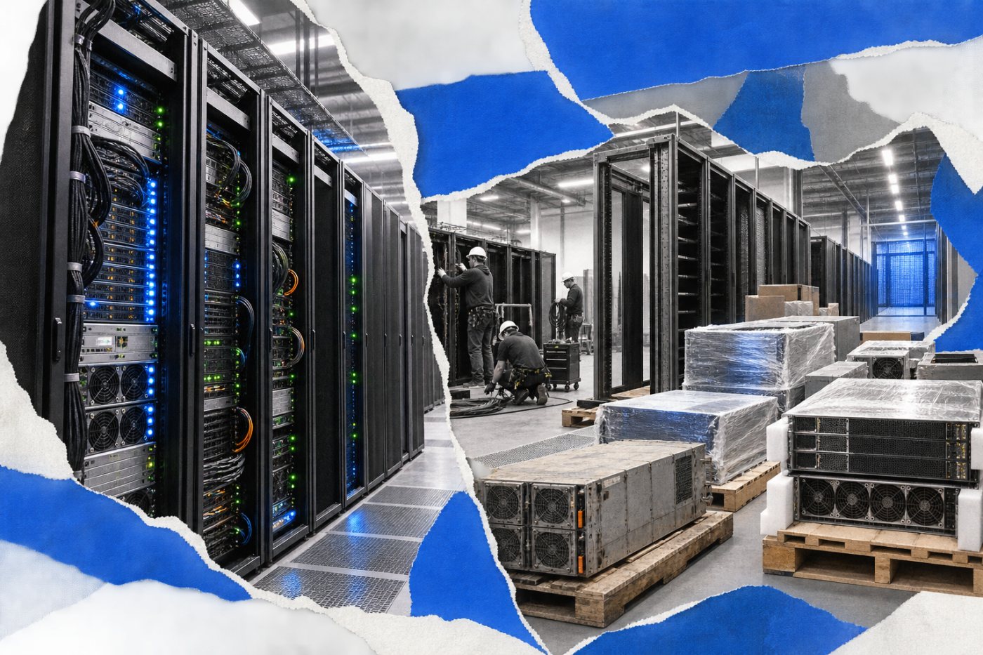 Cụm GPU đã vận hành nằm cạnh phần cứng chưa khai thác, thể hiện rủi ro công suất sử dụng và mất giá tài sản.