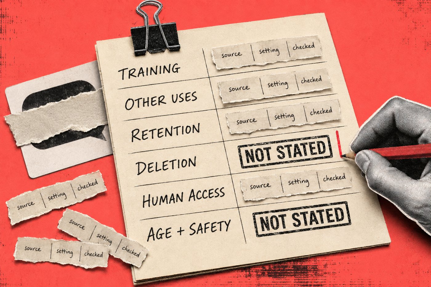 A pre-chat worksheet records training, retention, deletion, access and age-safety answers while leaving undocumented points unresolved.