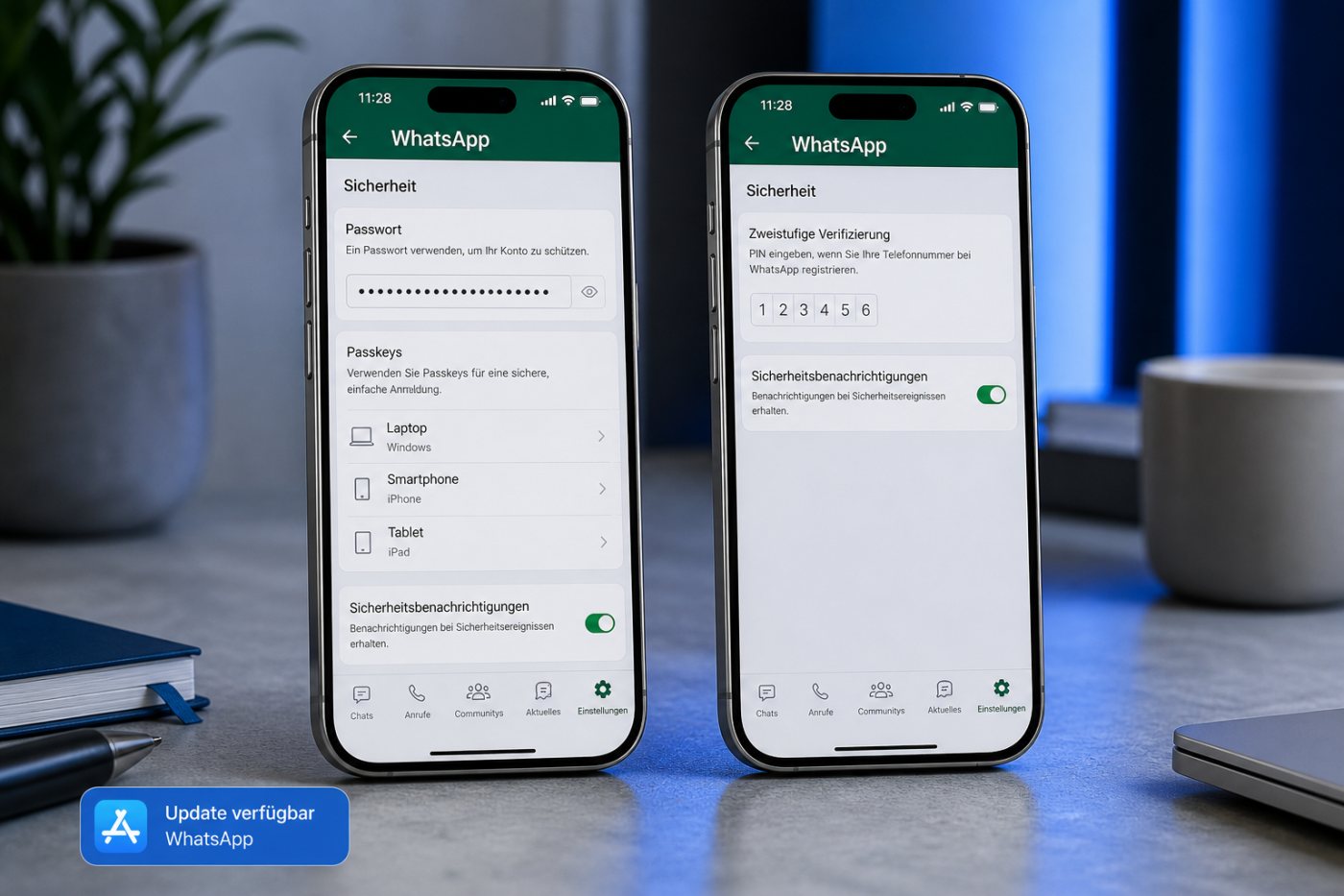 Der gestaffelte WhatsApp-Rollout zeigt neue Sicherheitsoptionen auf einem Konto, während ein anderes noch die bisherige PIN verwendet.