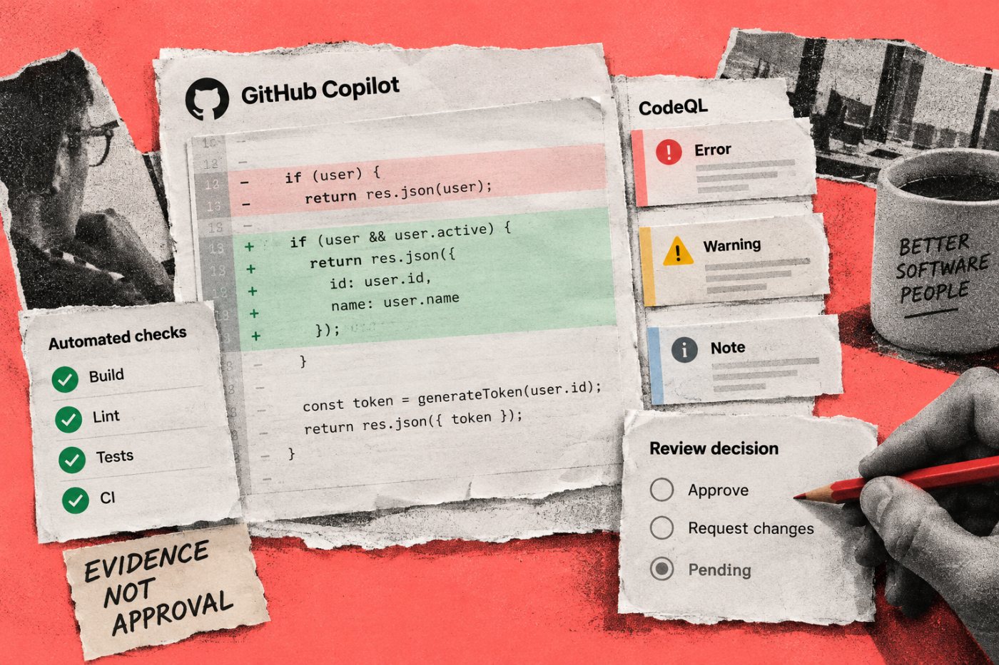 Pull request chứa bản sửa của Copilot, kết quả kiểm tra và quyết định review của con người trước khi merge.