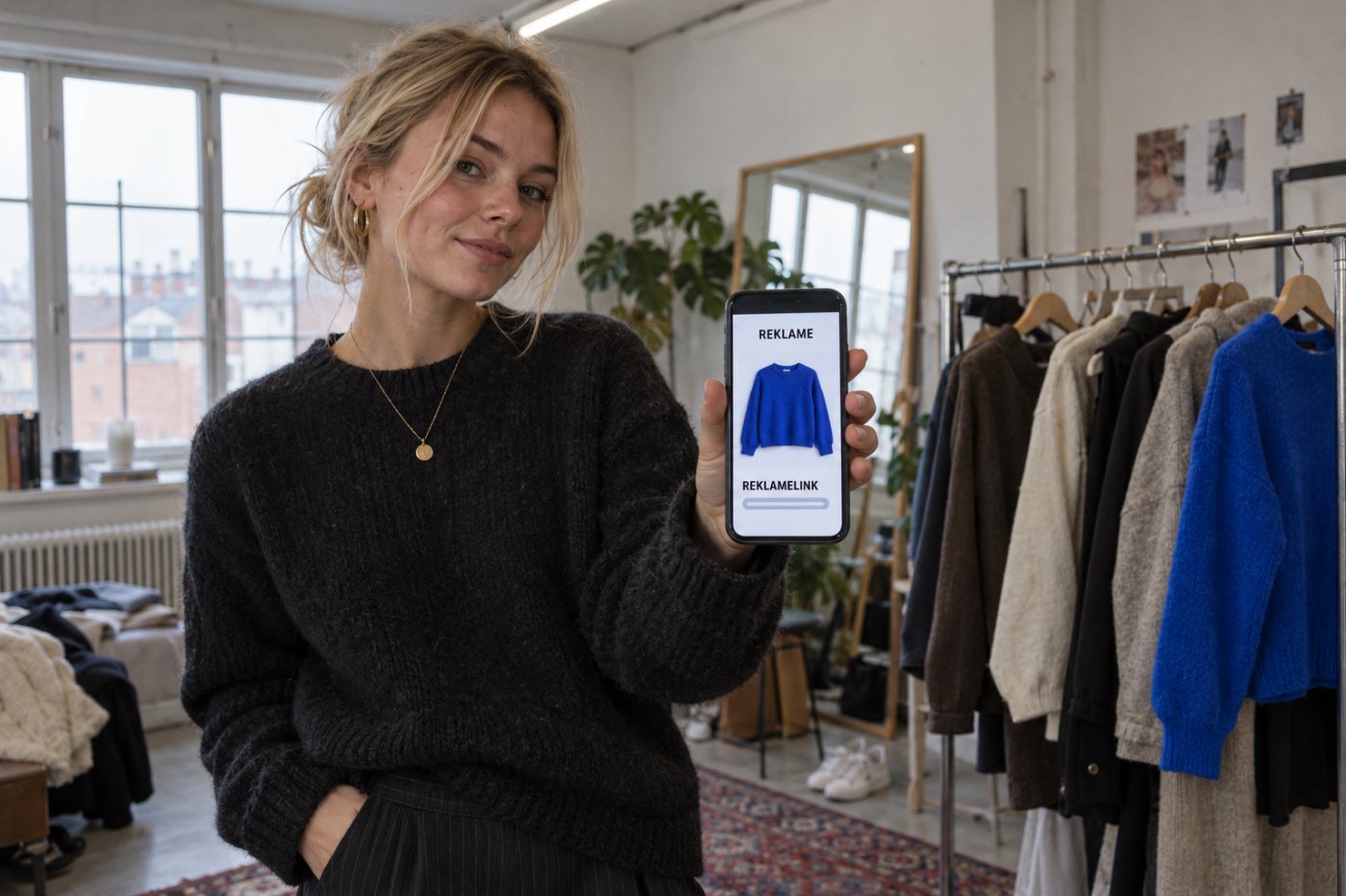 Et affiliate-link ved en Instagram-omtale er mærket tæt ved linket, mens reklameomtalen også er markeret.