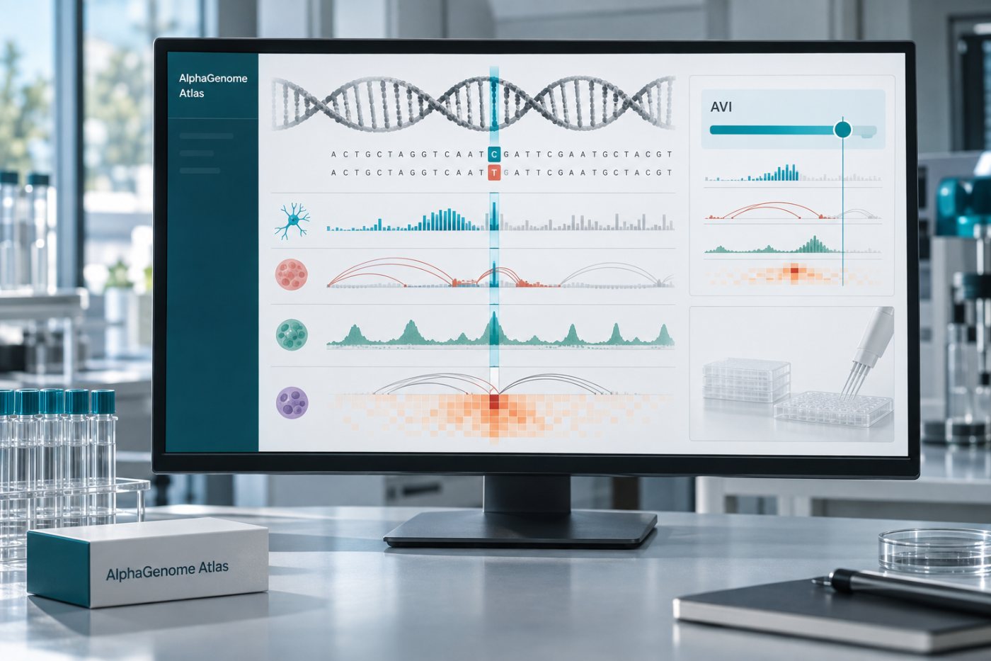 AlphaGenome Atlas показывает молекулярные прогнозы и оценку AVI для однонуклеотидной замены