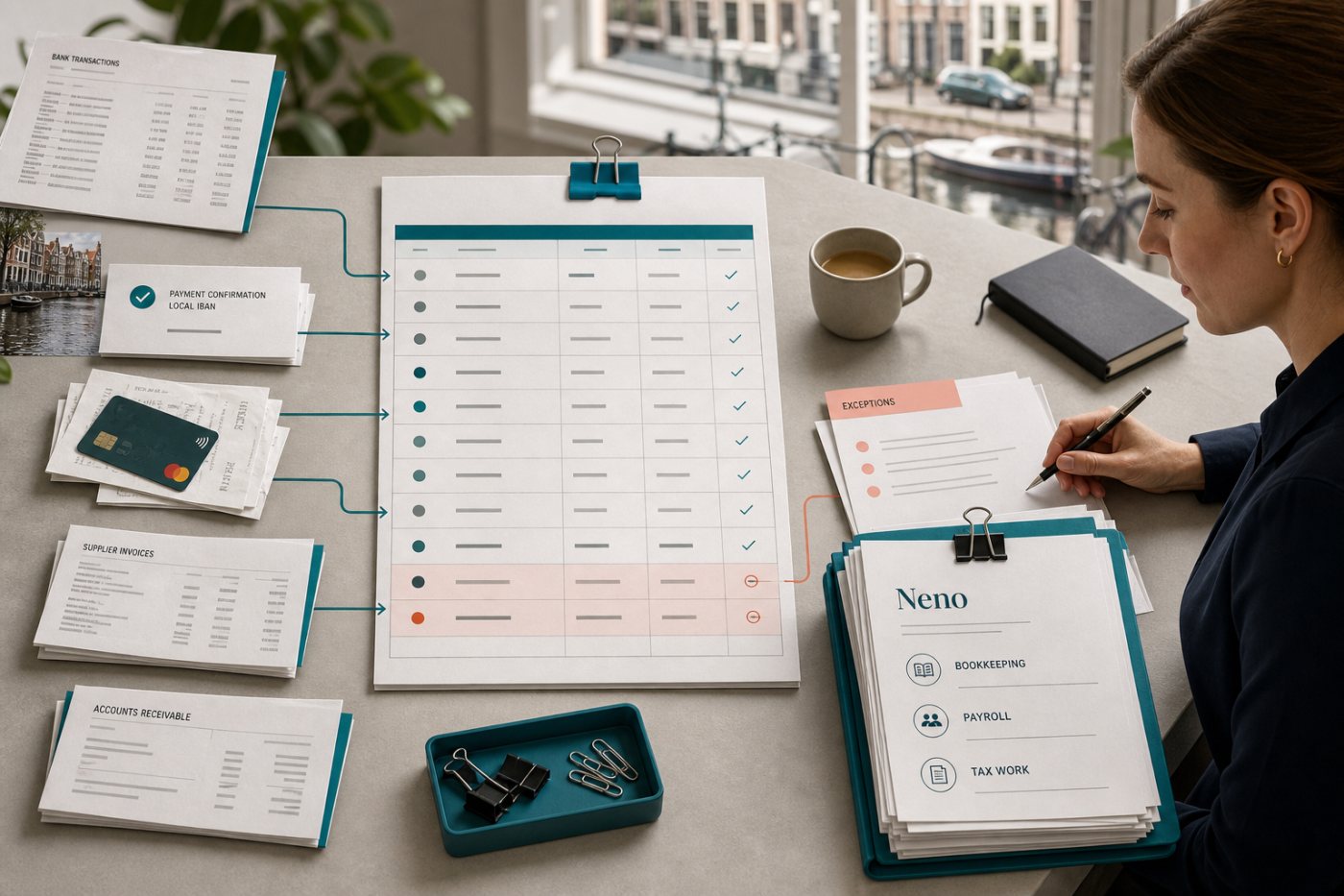 Neno combines banking records, bills and receivables in one ledger before an accountant approves the completed work.