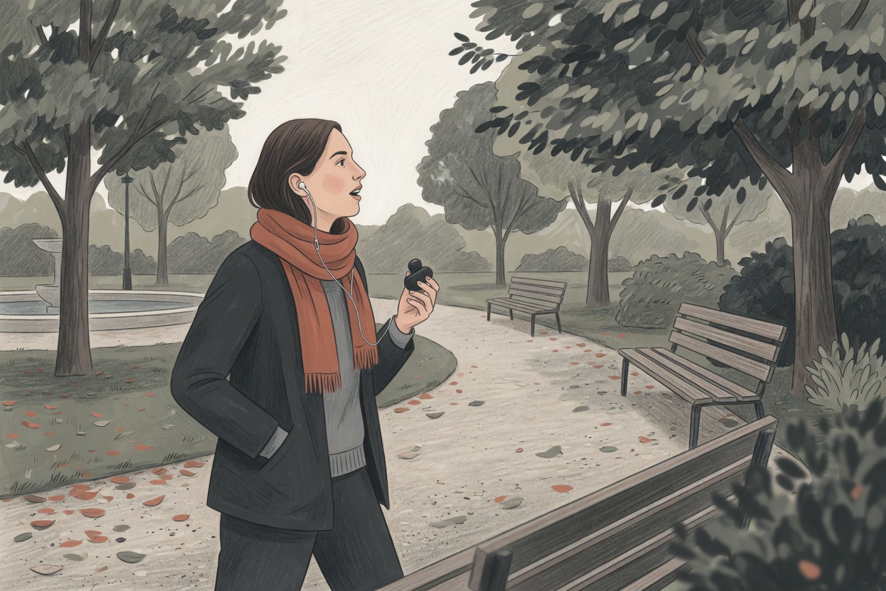 Person practicing language skills by speaking during a walk in an urban park