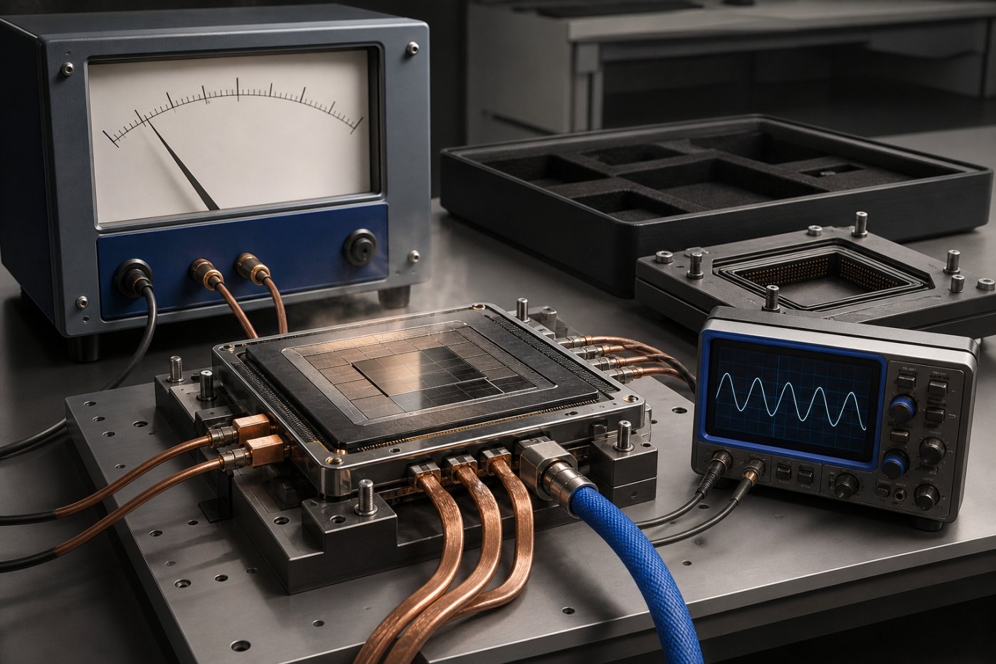 An AI accelerator undergoing power measurement while Velaura’s performance claims await independent validation.