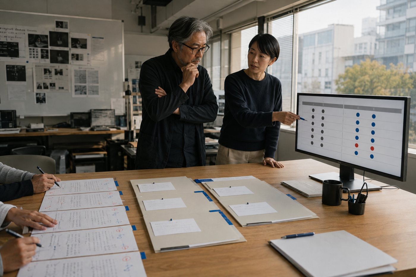 専門家の採点、評価基準の体系化、LLMによる自動評価を分けた検証工程